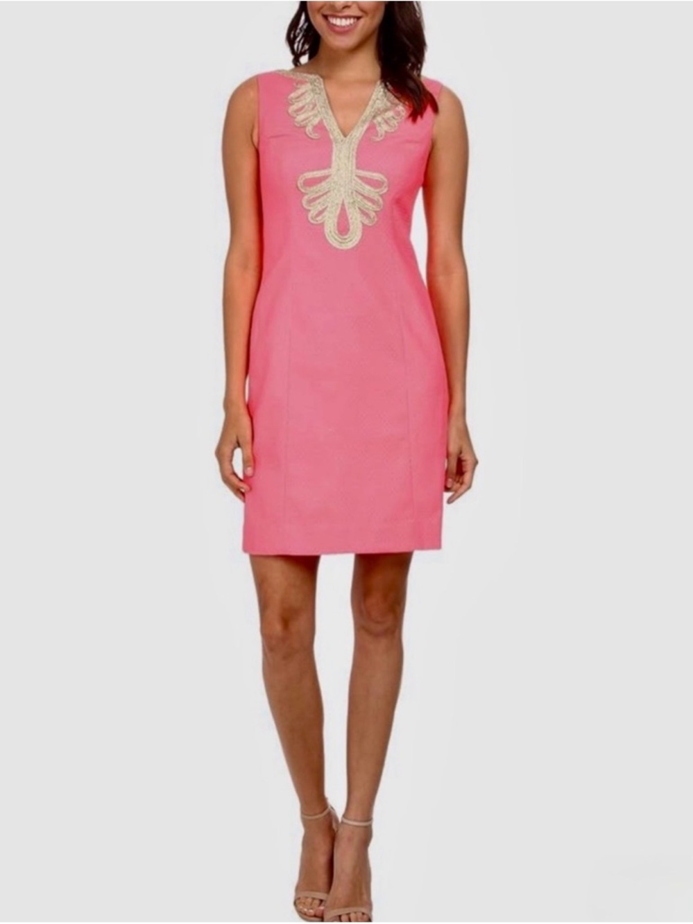 Lilly Pulitzer Coral Pink Sleeveless Shift Dress with Gold Embroidered V-Neck